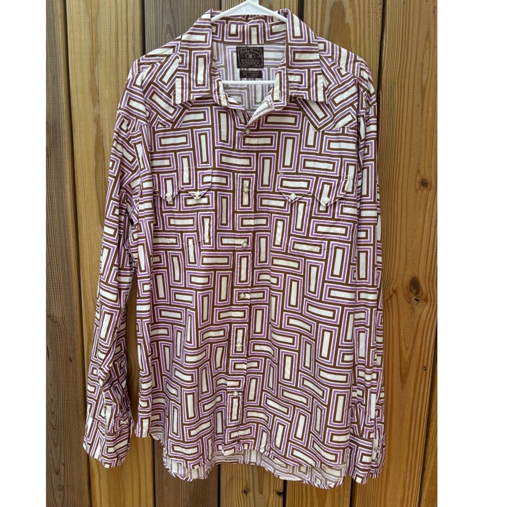 Lucky Brand Dungarees Western Shirt XXL Mens Purple Brown Geometric Snap Front